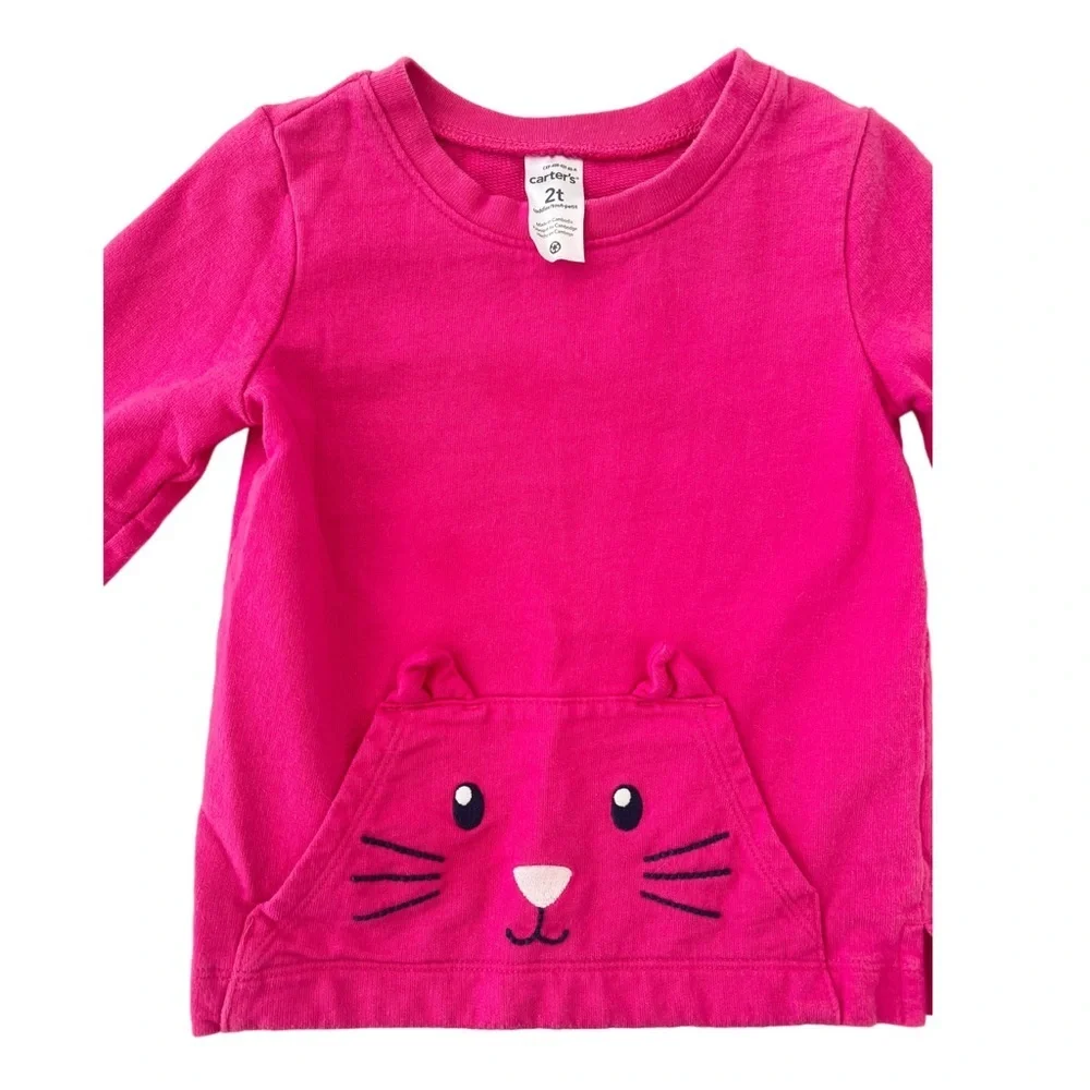 Carter's Bright Pink Long Sleeve Cat Tee with Large Front Pocket | Girls 2T